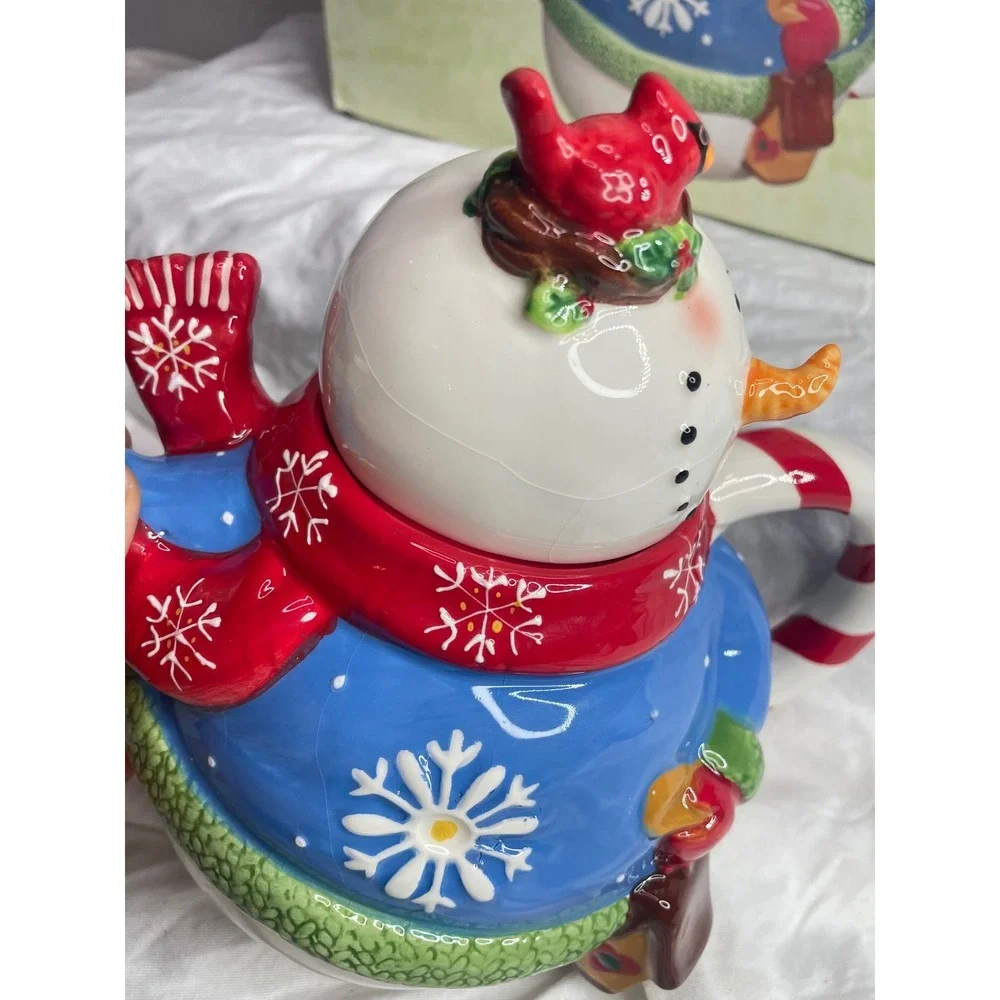 Adorable Snowman Teapot Candy Cane Handle Christmas Holiday Kitchen Decor